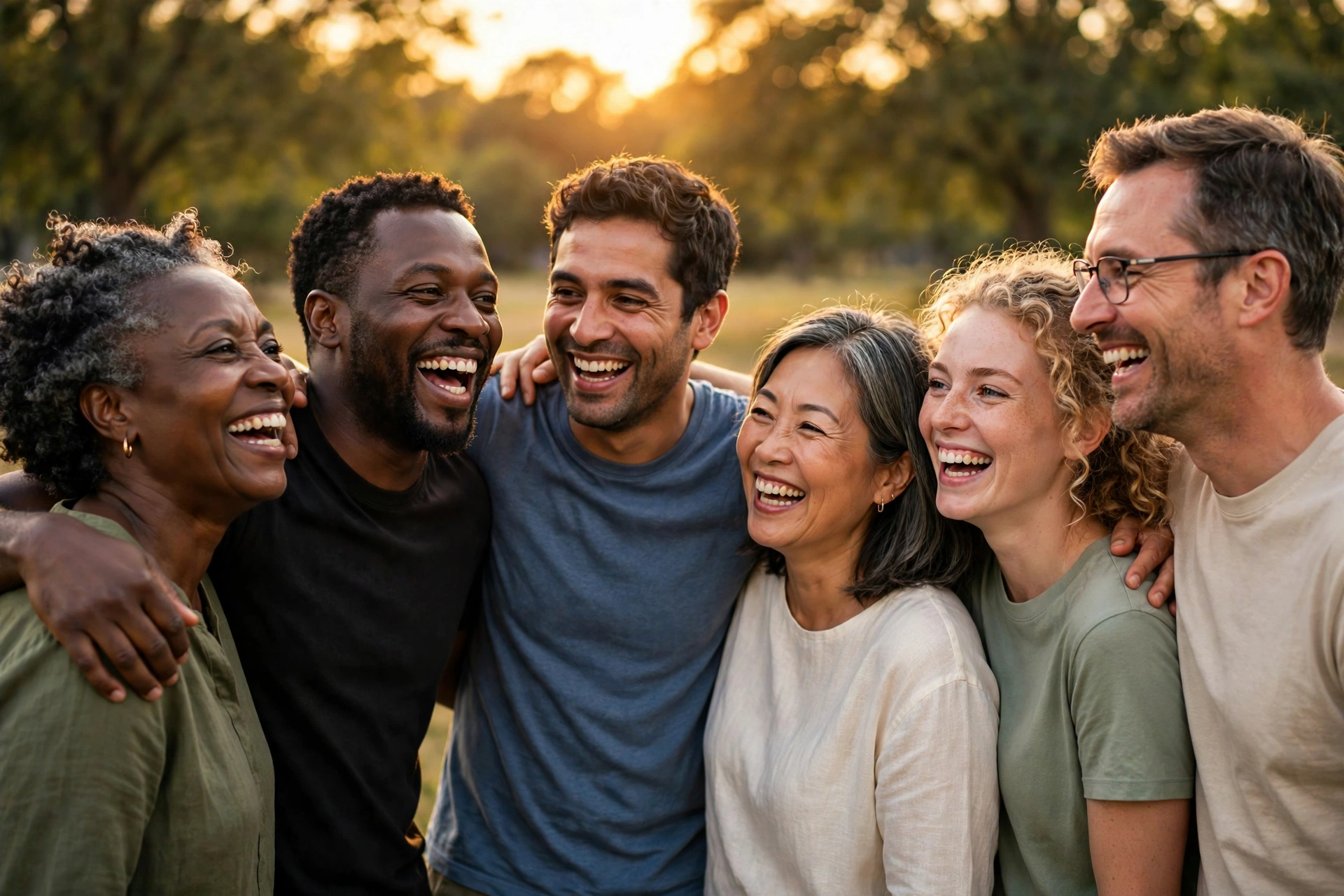 A diverse group of friends smiling and laughing together outdoors